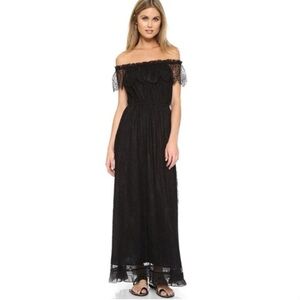 The Kooples Black Maxi Dress Lace Bohemian Off the Shoulder Wedding Guest Fall